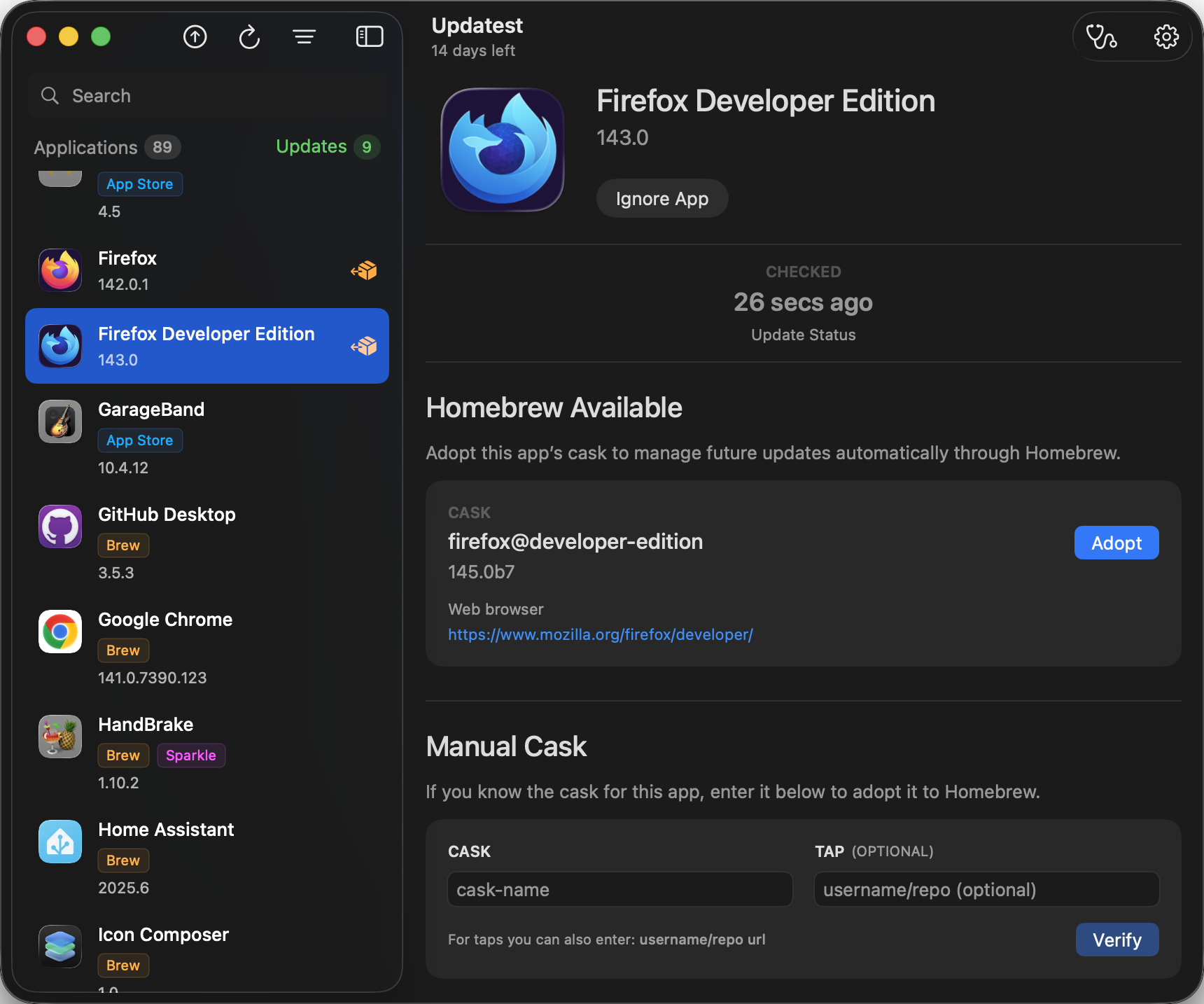 Updatest showing Firefox Developer Edition adoption interface
