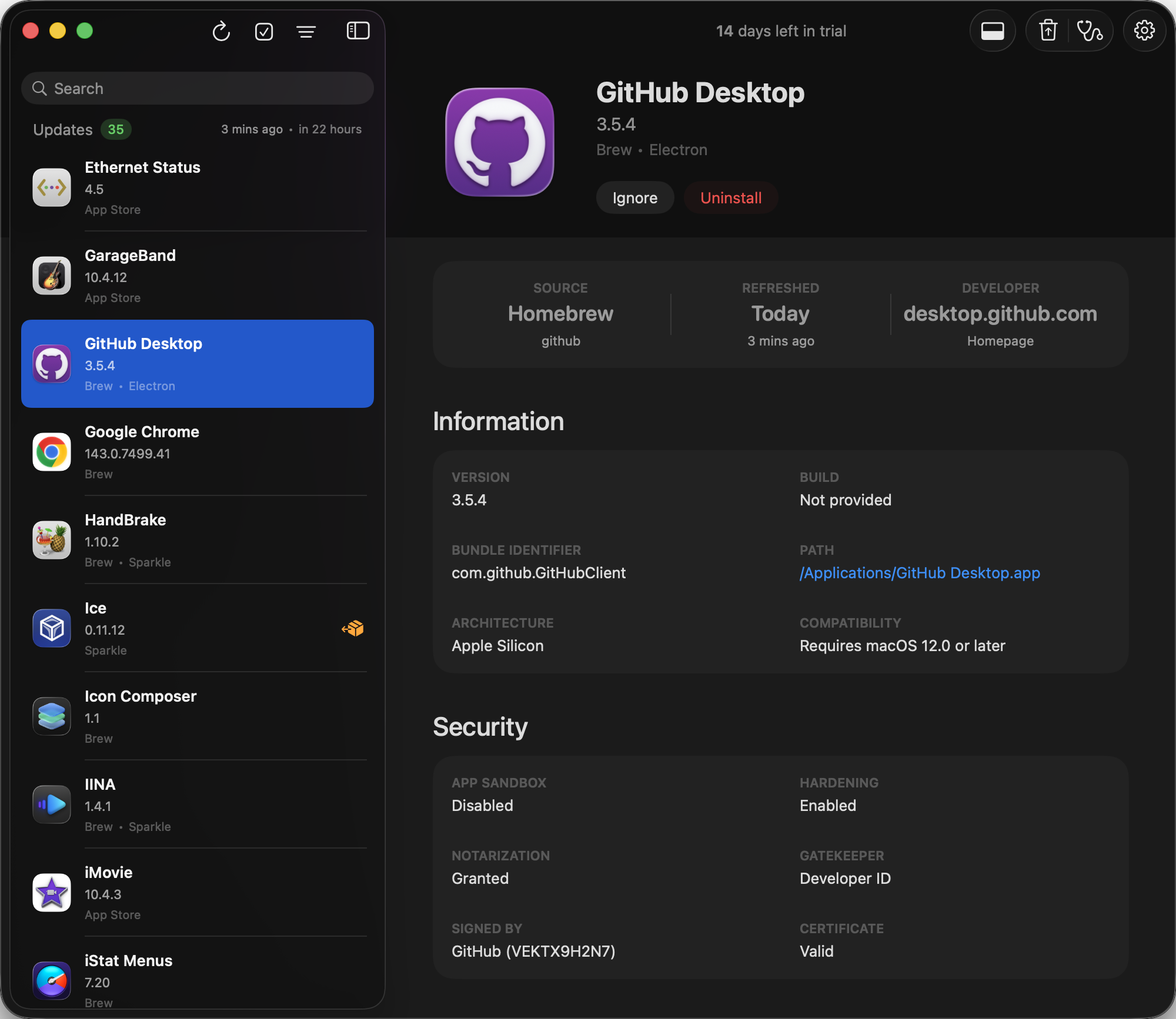 Updatest app information and security insights